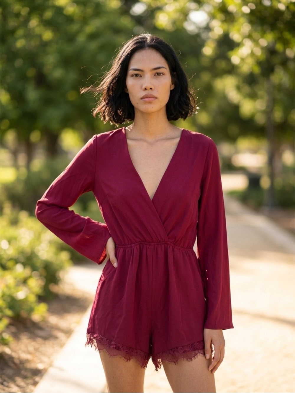 ILLA ILLA Burgundy Wrap Romper | Long Sleeve Lace Trim Pockets NWOT Small
